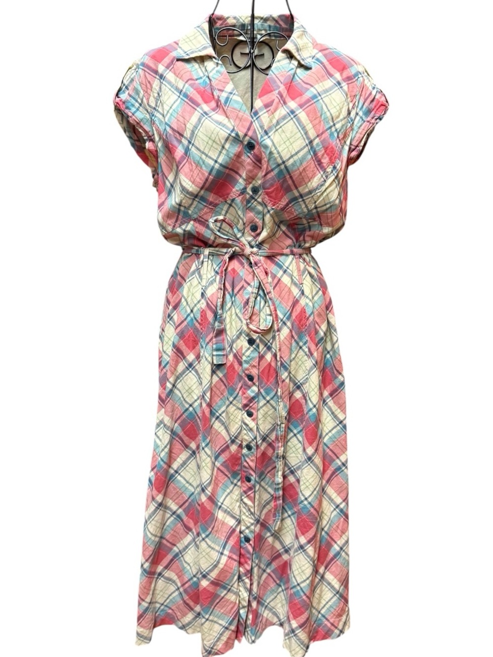 J. Peterman 100% Cotton Pink Plaid Button-Front Midi Dress size 12